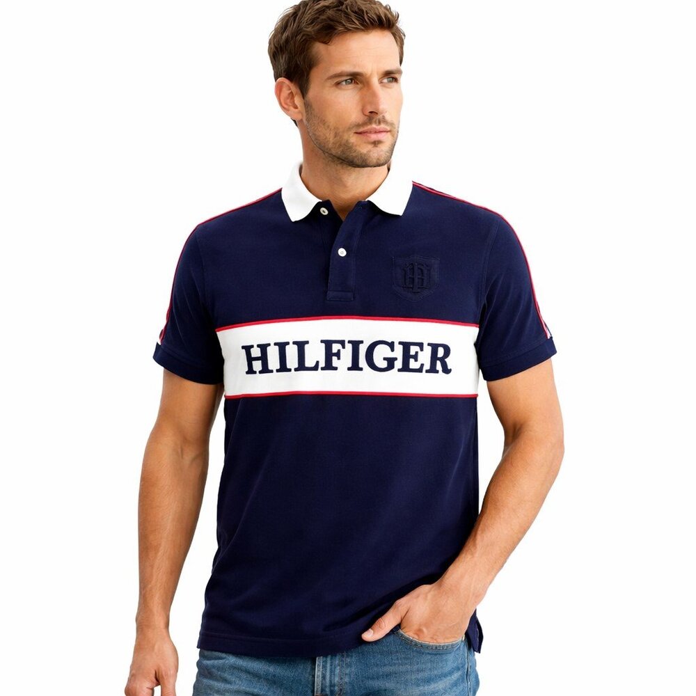 Vintage Tommy Hilfiger Blue Spell Out Custom Fit Short Sleeve Polo Shirt Mens M